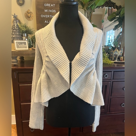 Express Sweaters - Express Ribbed Knit Shrug Ruffle Detail - Light Gray